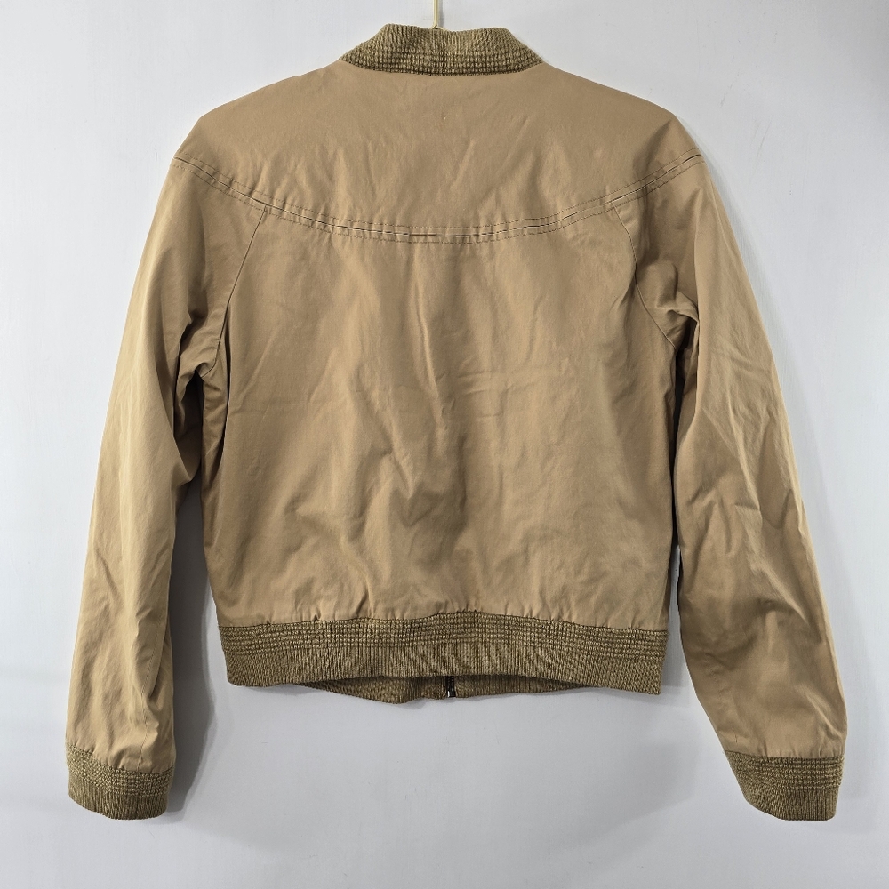 H&M Sateen Bomber Jacket Neutral Spring Knit Trim Check Tan Cropped Crop Size 8 - Picture 7 of 12